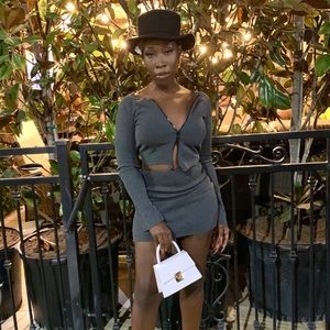 2 Piece Knit Grey Zipper In The Middle Skirt Set